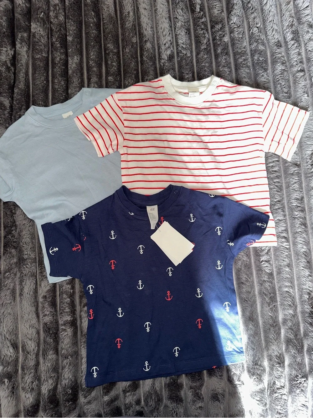 H&M baby boy Navy Anchor Tee, Red-Striped White Tee & Light Blue Tee - 3-Pack